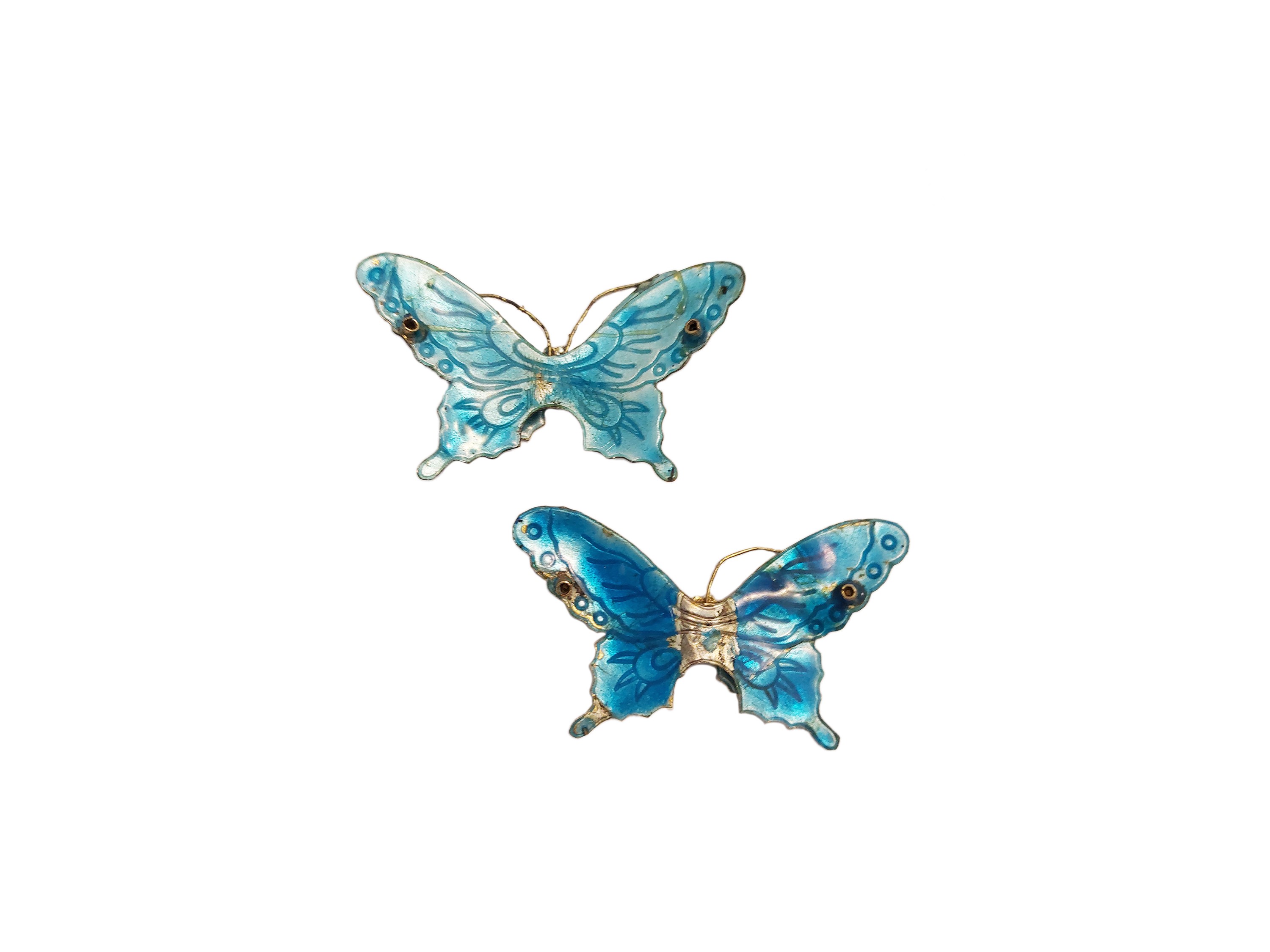 Coppia di spille animalier a forma di farfalla, smalti colorati