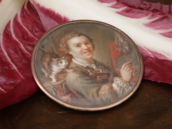 Scuola italiana del XVIII secolo - Self-portrait at the easel with cat