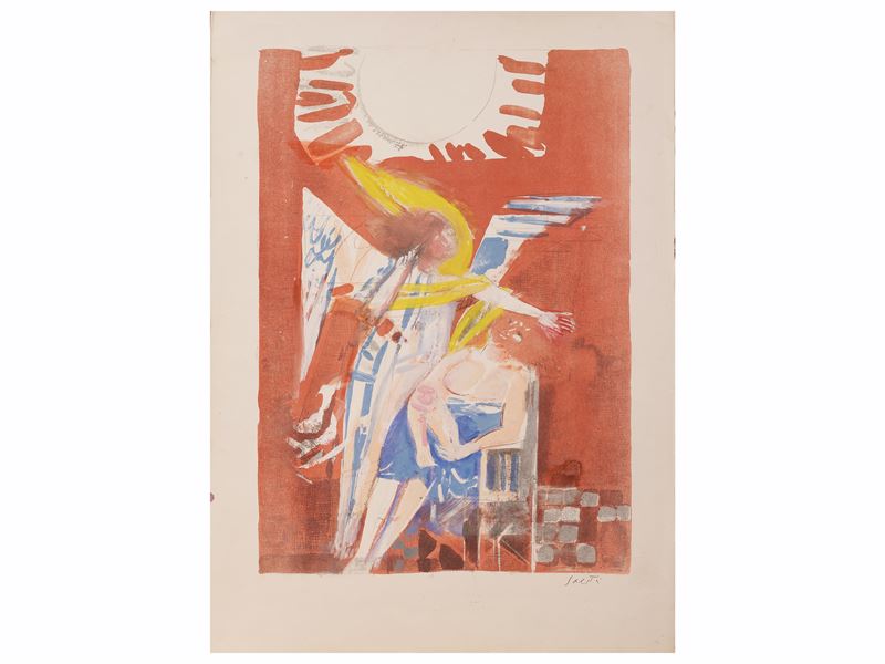 Bruno Saetti - Composizione con figure, litografia con acquerellatura