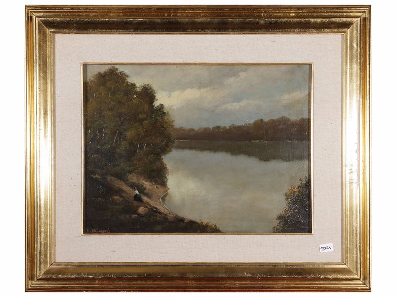 Paesaggio fluviale con contadina