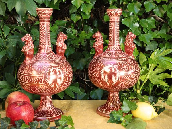 Pair of large amphora vases in luster-glazed ceramic, Cantagalli