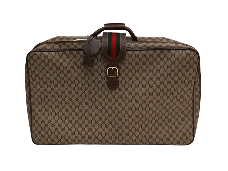 Gucci, Valigia in tela monogram marrone con finiture in pelle di cinghiale