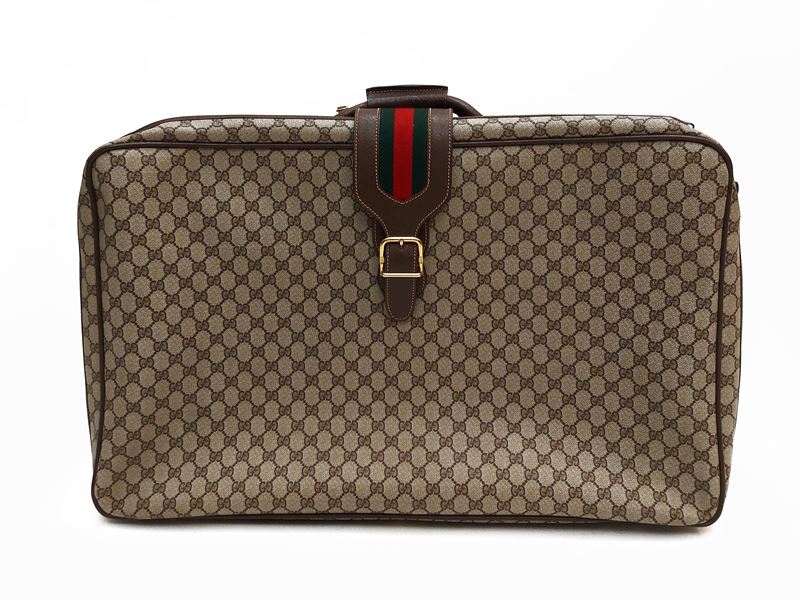 Gucci, Valigia in tela monogram marrone con finiture in pelle di cinghiale