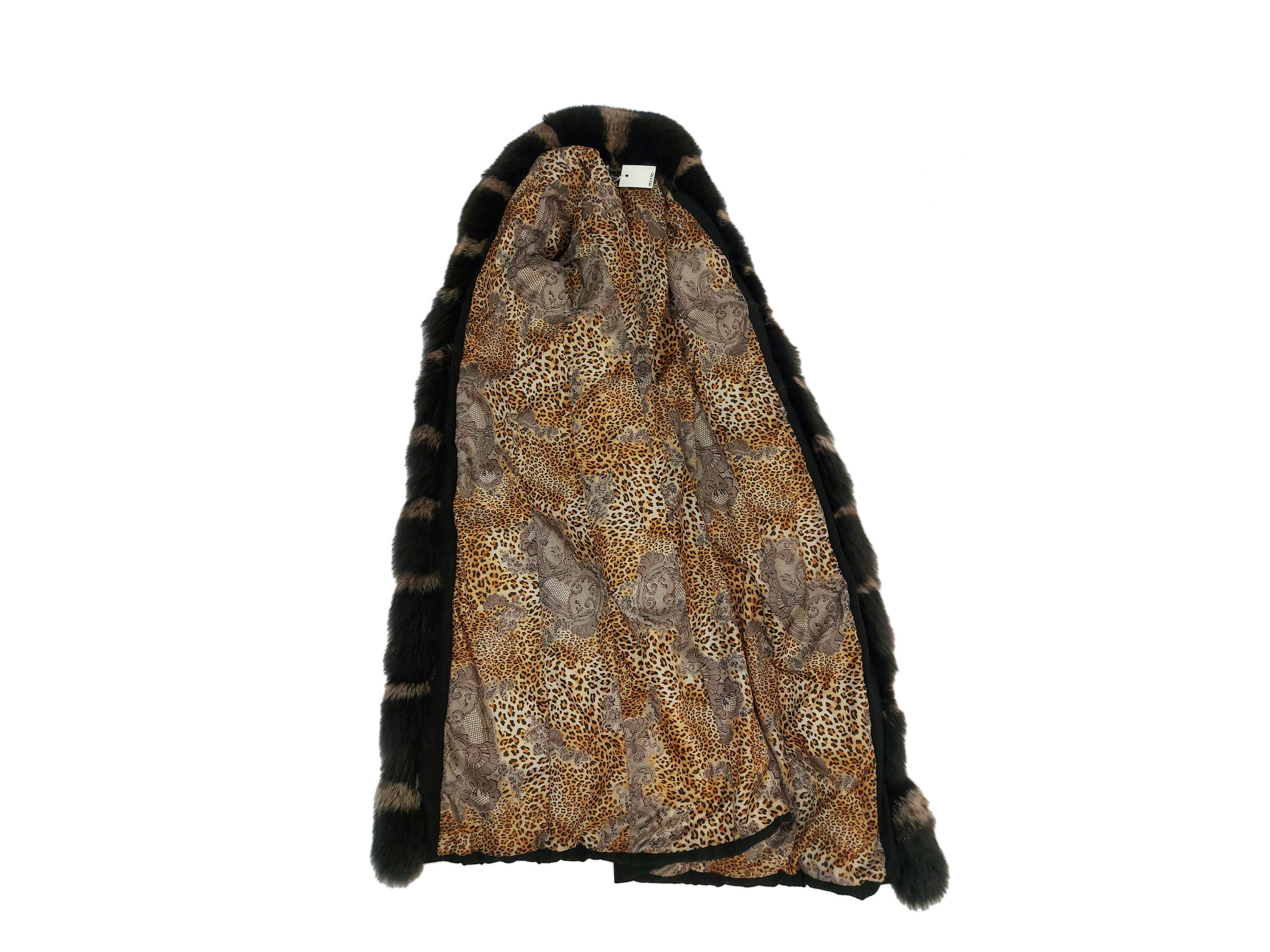 Impermeabile midi in tessuto nero con bordure in pelliccia di volpe