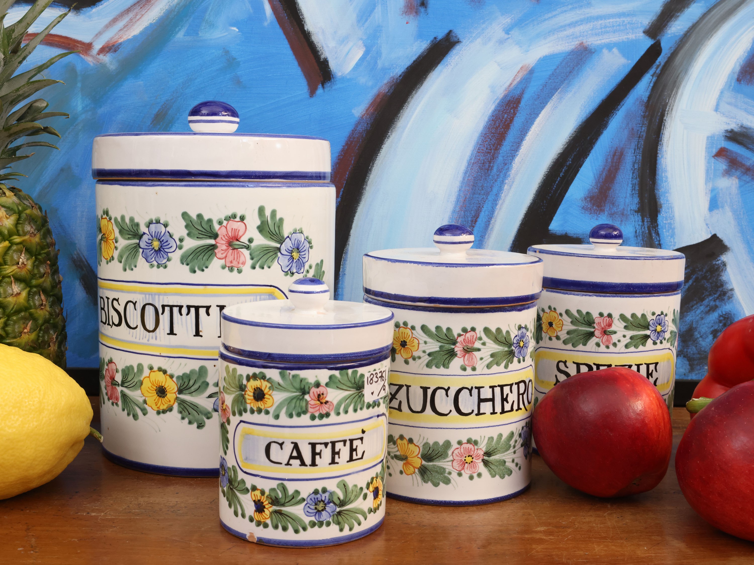 Deruta, Set di barattoli porta spezie in ceramica smaltata, decorazione floreale