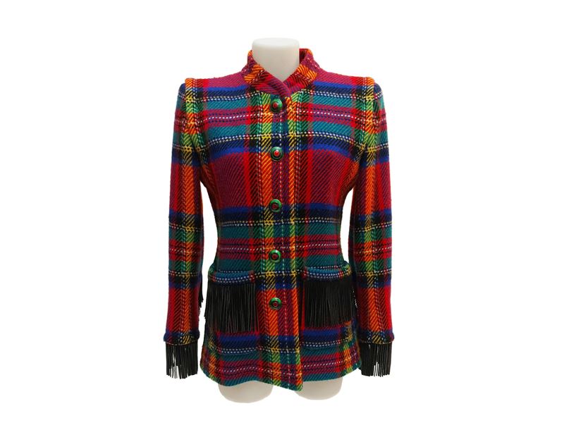 YSL - Giacca in lana tartan con frange