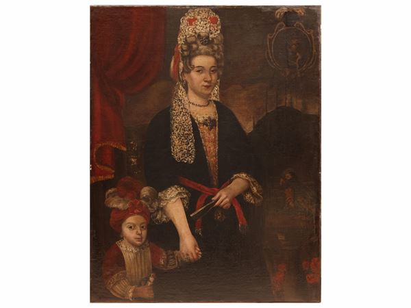 Portrait of a noblewoman with page boy and goldfinch
