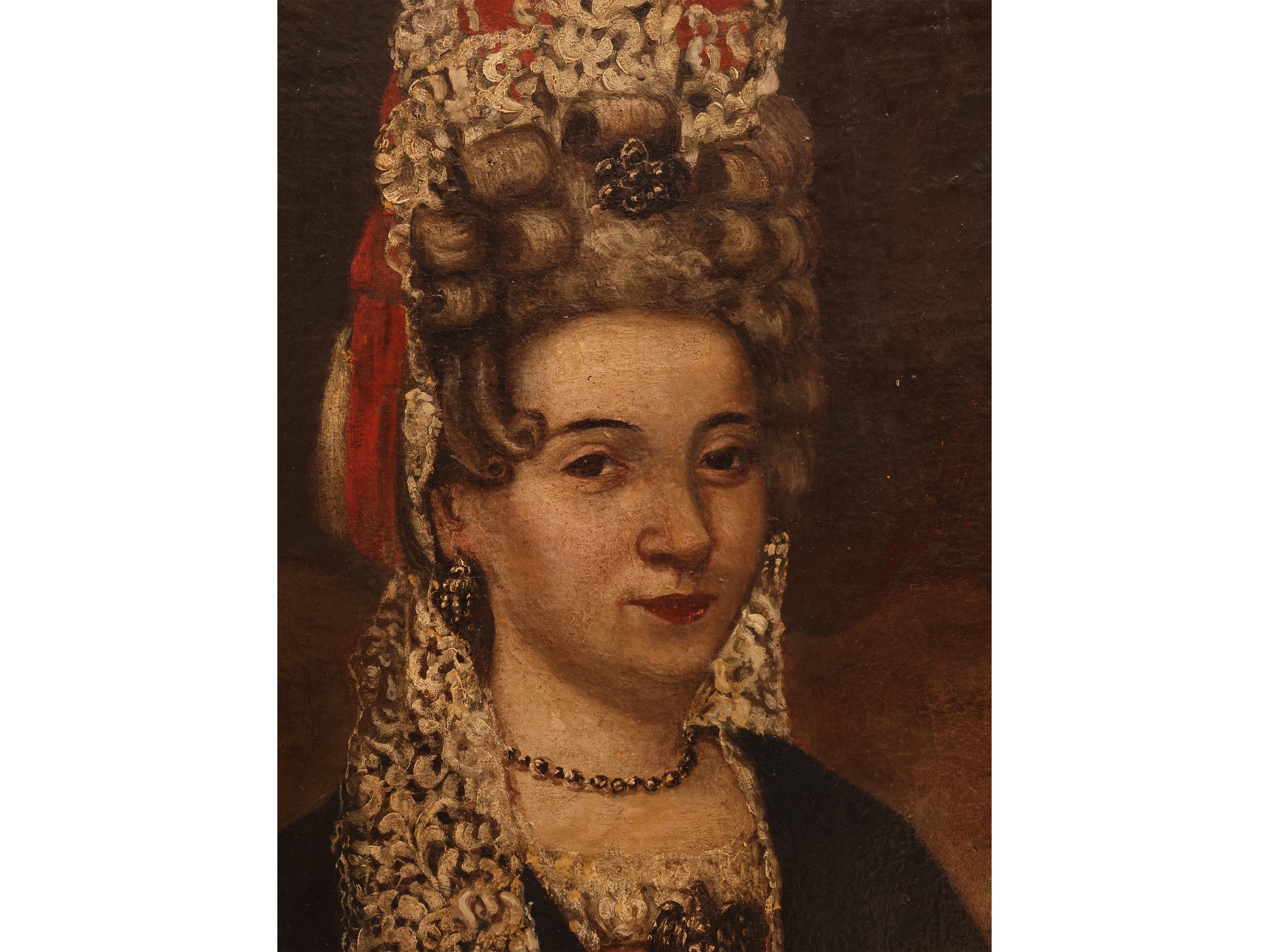 Scuola Spagnola del XVII/XVIII Secolo - Ritratto di nobildonna con paggetto e cardellino, olio su...