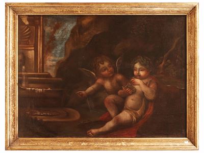 Putti in un giardino, olio su tela