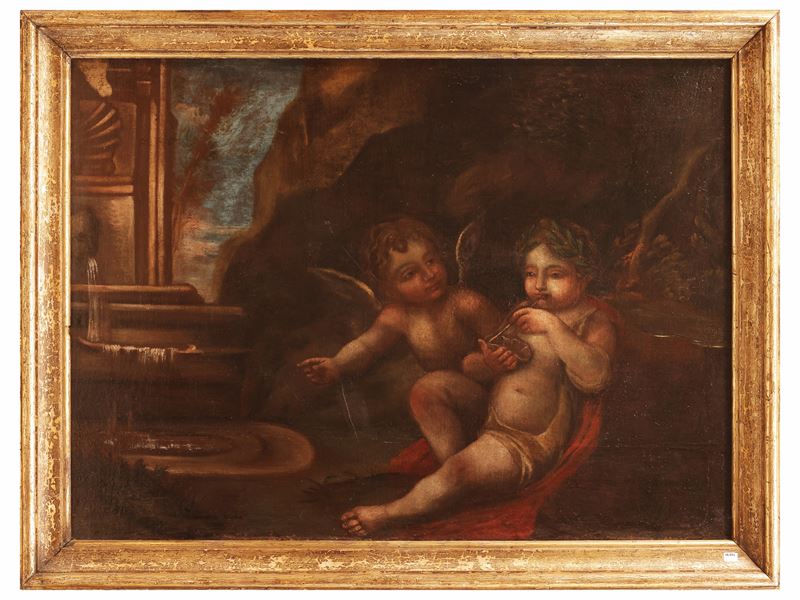 Scuola Emiliana del XVIII Secolo - Putti in un giardino, olio su tela