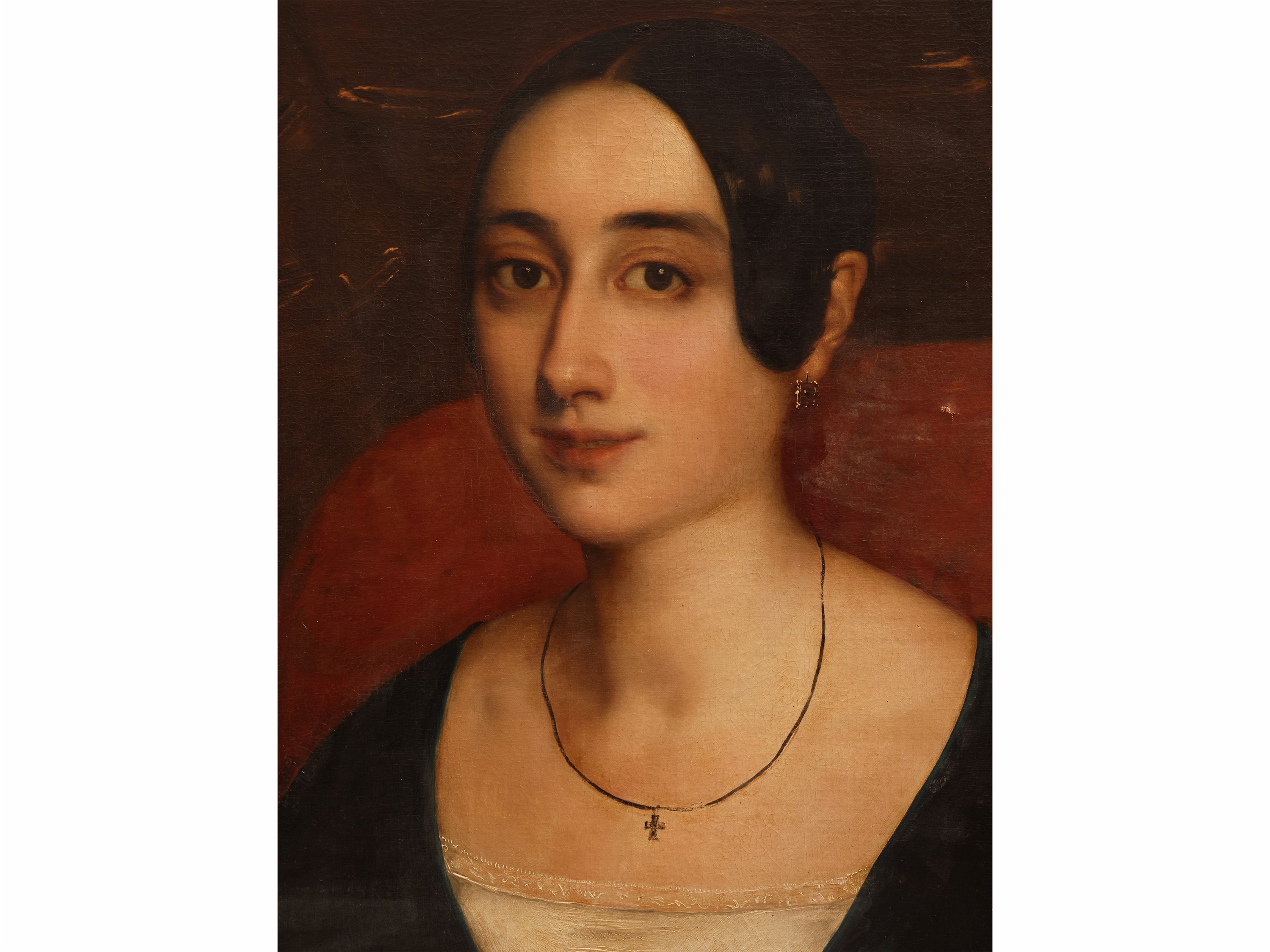 Scuola Francese del XIX Secolo - Ritratto di nobildonna con lorgnette, olio su tela