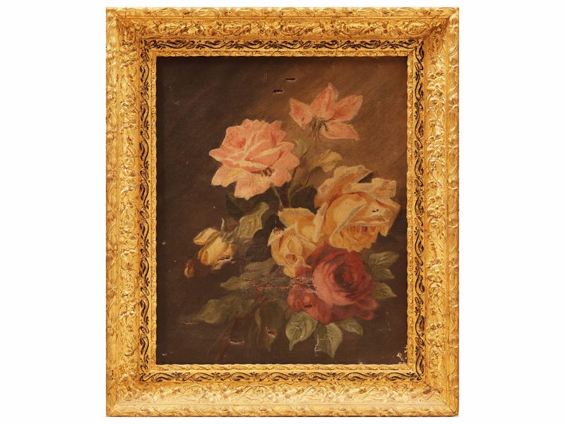 Rose, olio su tela in cornice, inizio XX secolo