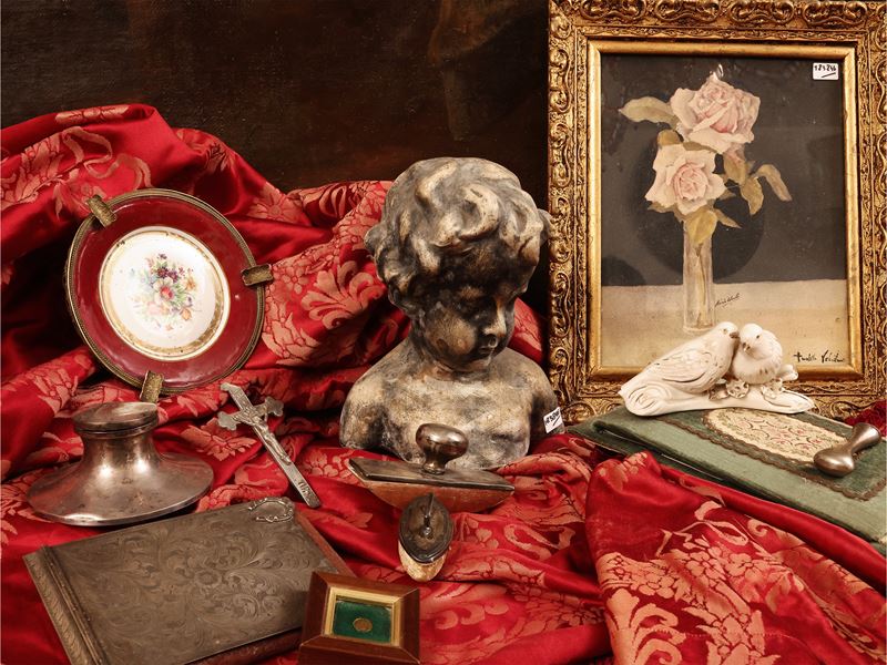 Curiosità da scrivania, acquerello su carta e elementi in argento