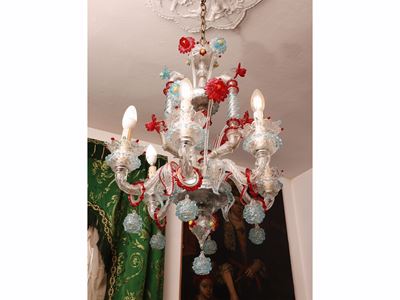 Lampadario, vetro soffiato di Murano con finiture policrome