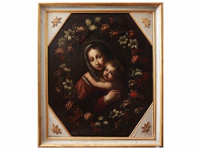 Madonna con Bambino entro ghirlanda floreale