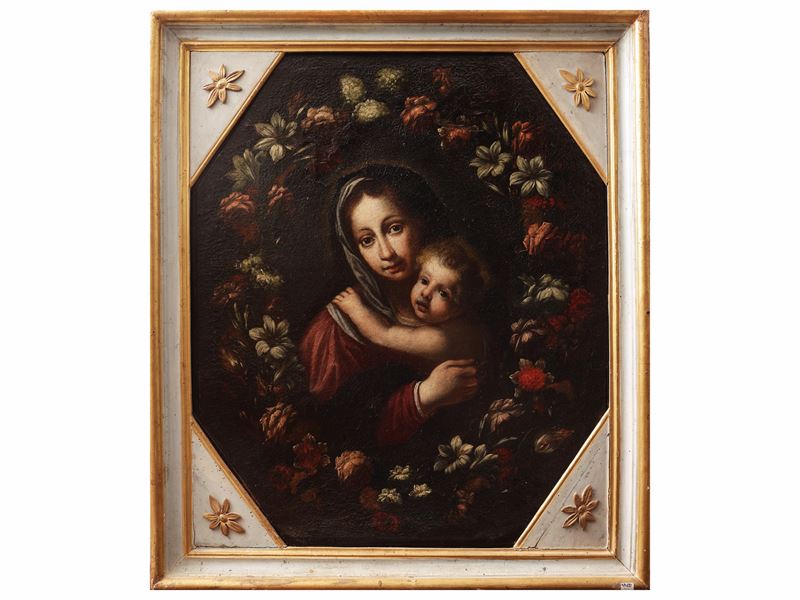 Scuola Romana del XVIII Secolo - Madonna con Bambino entro ghirlanda floreale