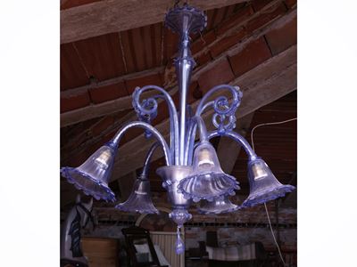 Lampadario in vetro soffiato azzurro, Murano (prima metà XX secolo)