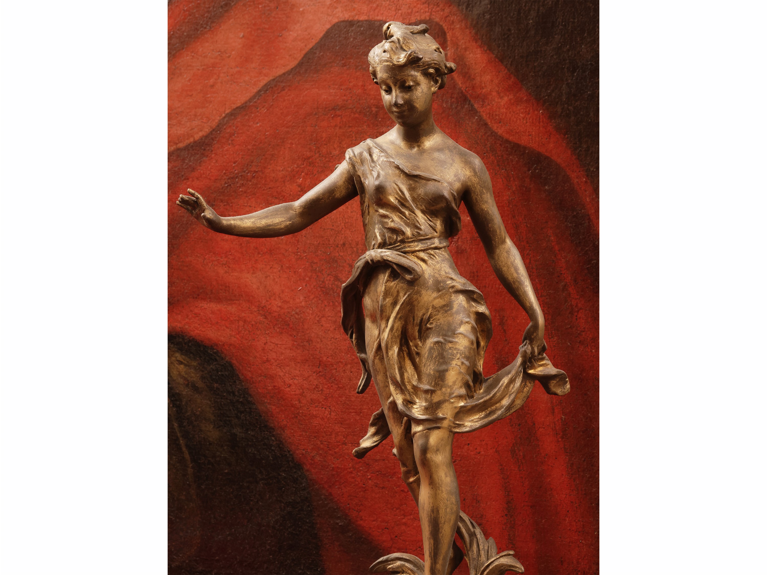 Ernest Justin Ferrand, Orologio da tavolo in antimonio dorato con scultura “Passage Difficile” e ...