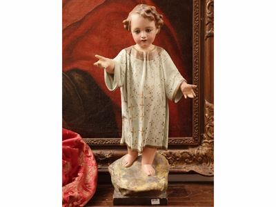 Gesù Bambino, scultura in cartapesta policroma con lumeggiature dorate