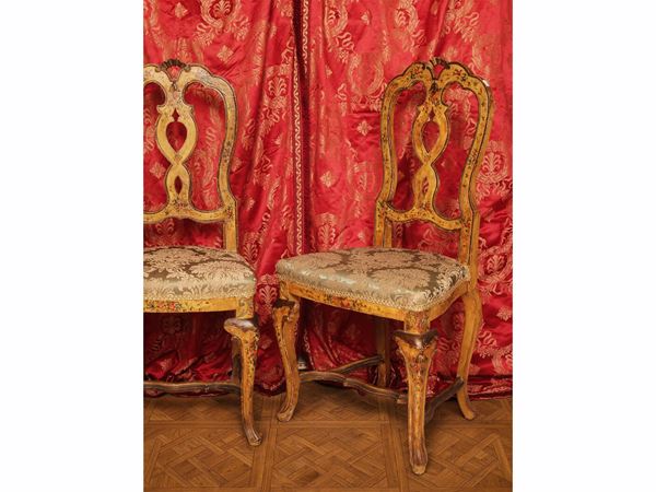 Pair of yellow ocher lacquered wooden chairs