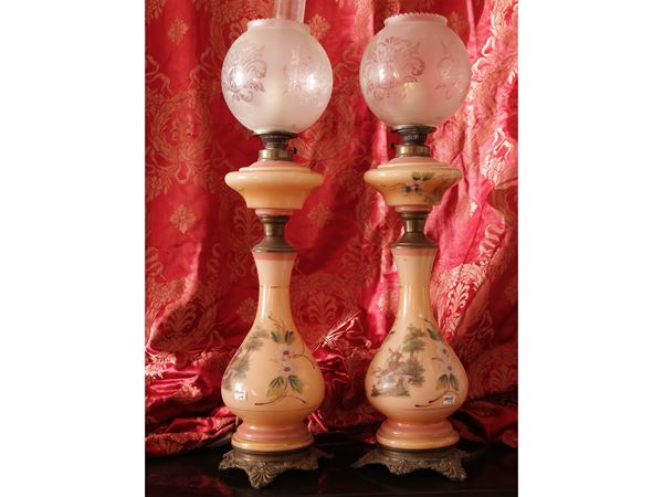 Pair of large oil lamps in pink opaline