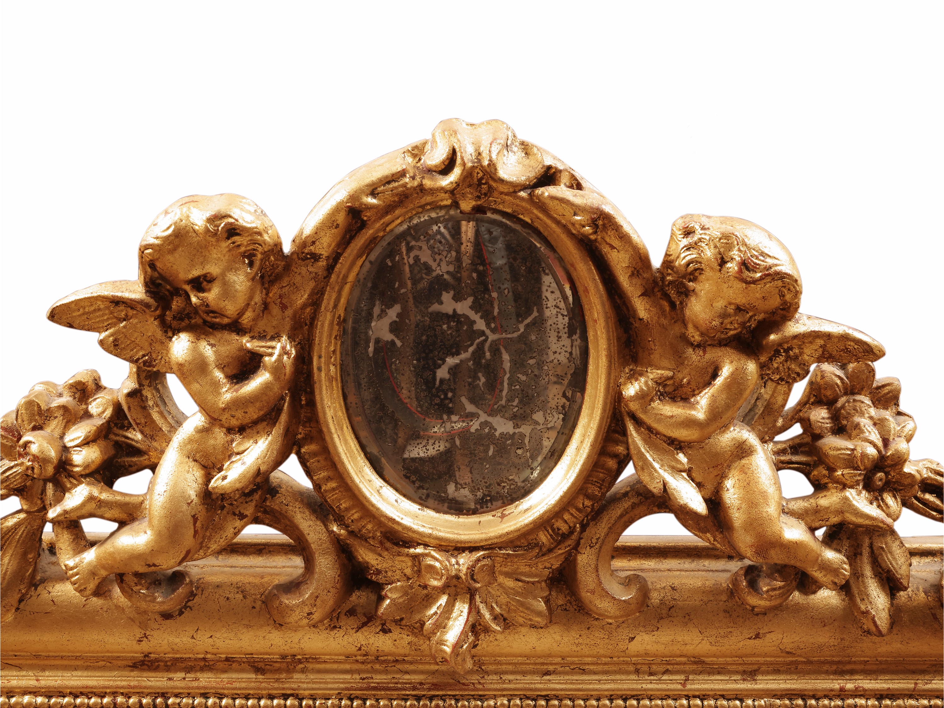 Specchiera centinata, cornice in legno con pastiglia dorata, XIX secolo