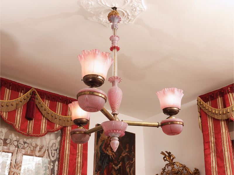 Lampadario a olio, vetro soffiato di Murano a spirale, inizio XX secolo