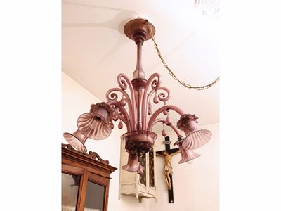 Lampadario, vetro soffiato di Murano in colore ametista (anni Trenta/Quaranta)