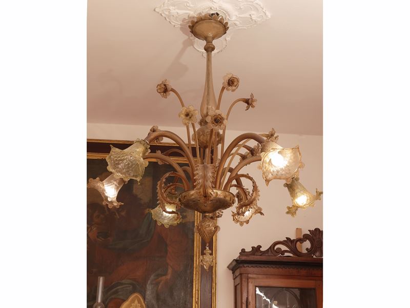 Lampadario in vetro soffiato fumé, Murano, XX secolo