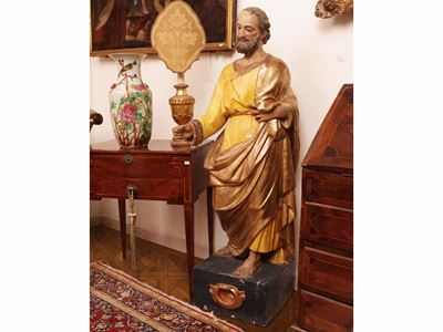 XIX secolo, San Giuseppe, scultura lignea policroma con lumeggiature in oro e dettagli in cartape...