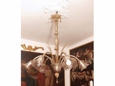 Lampadario, vetro soffiato color sabbia, sei bracci portacandele (metà XX secolo)