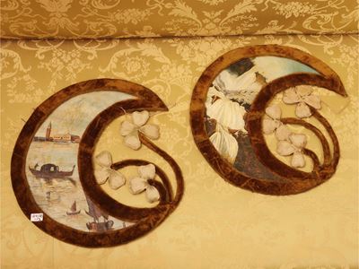 Coppia di vedute romantiche, olio su cartoncino a foggia di mezzaluna
