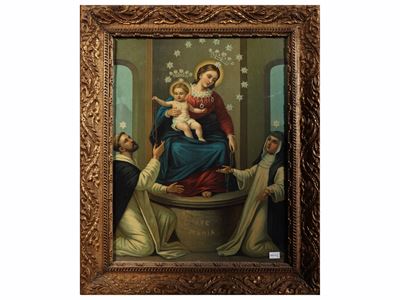 Nostra Signora del Rosario, oleografia policroma in cornice coeva