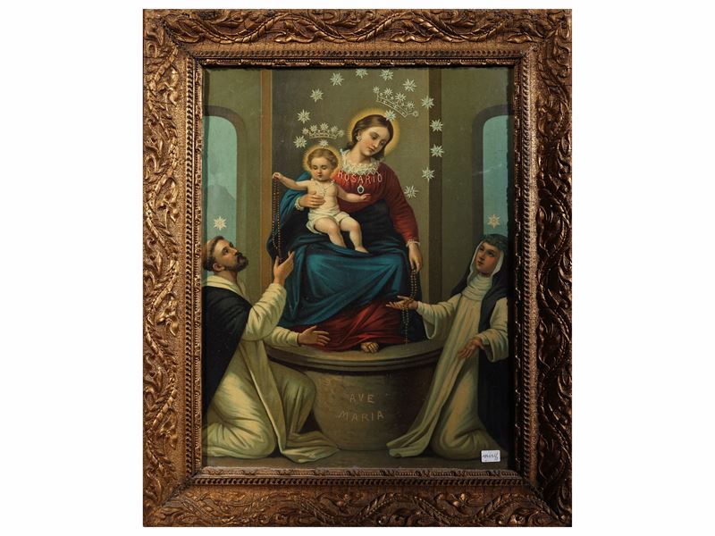 Nostra Signora del Rosario, oleografia policroma in cornice coeva (inizio XX secolo)