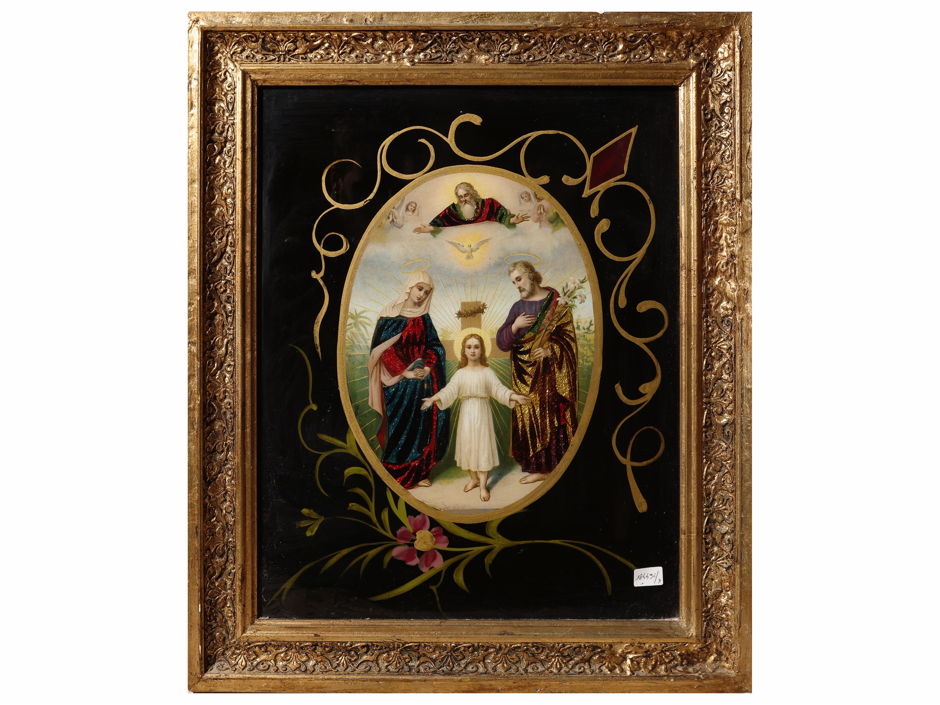 Nostra Signora del Rosario, oleografia policroma in cornice coeva (inizio XX secolo)