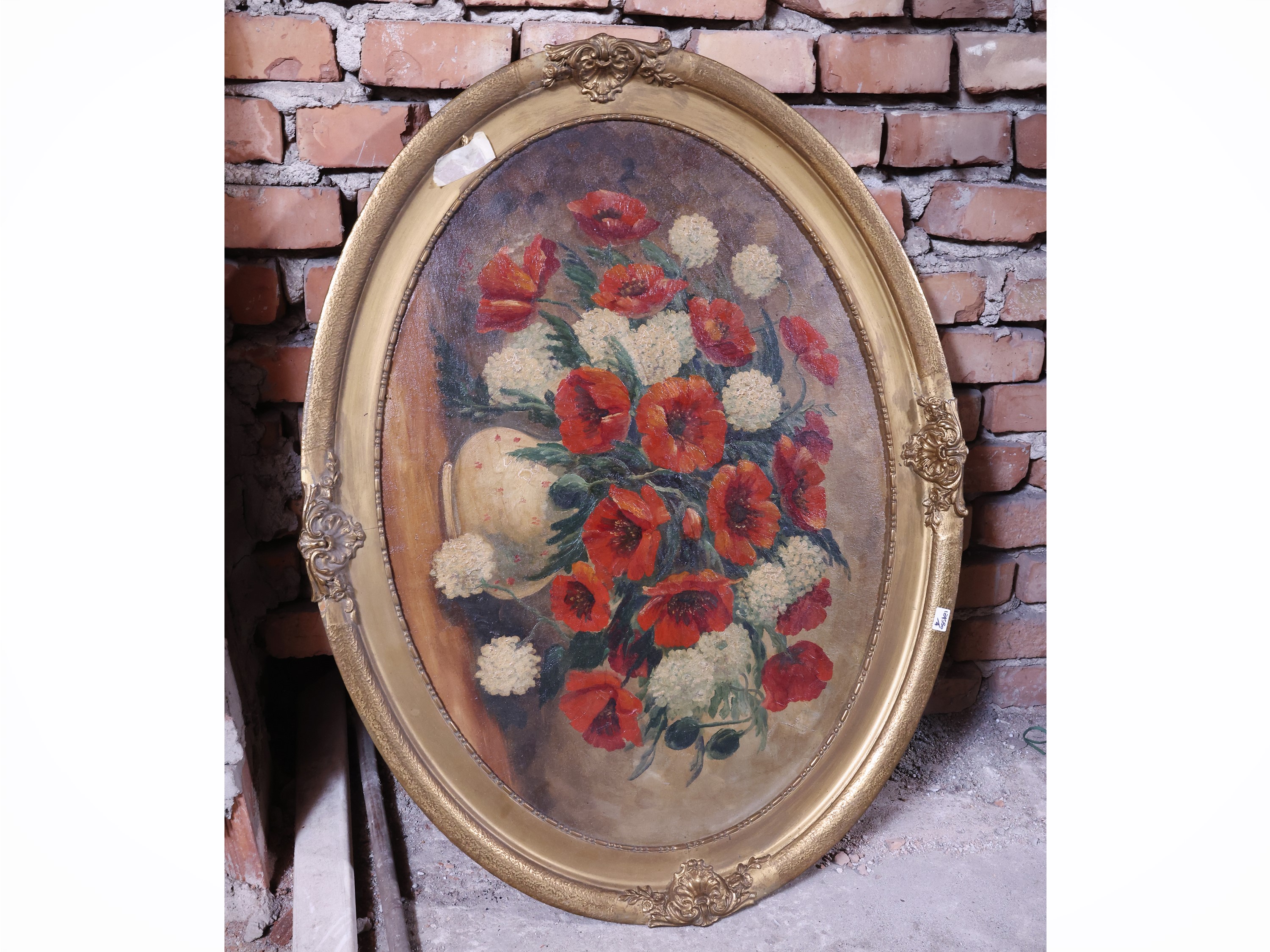 Complementi di arredo d’epoca, dipinto floreale ad olio su tela in ovale