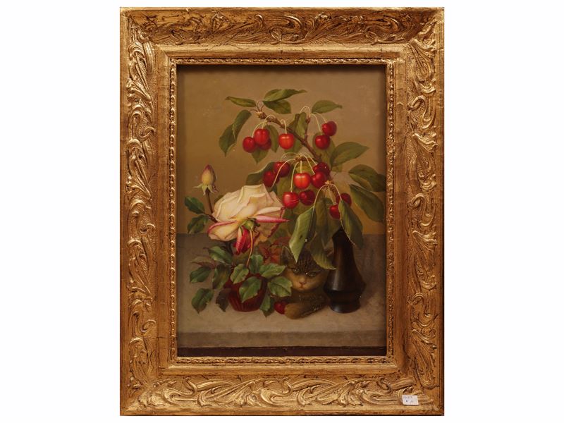 Raccolta di quattro dipinti e opere su supporti misti, Fiori e ciliegie con gatto