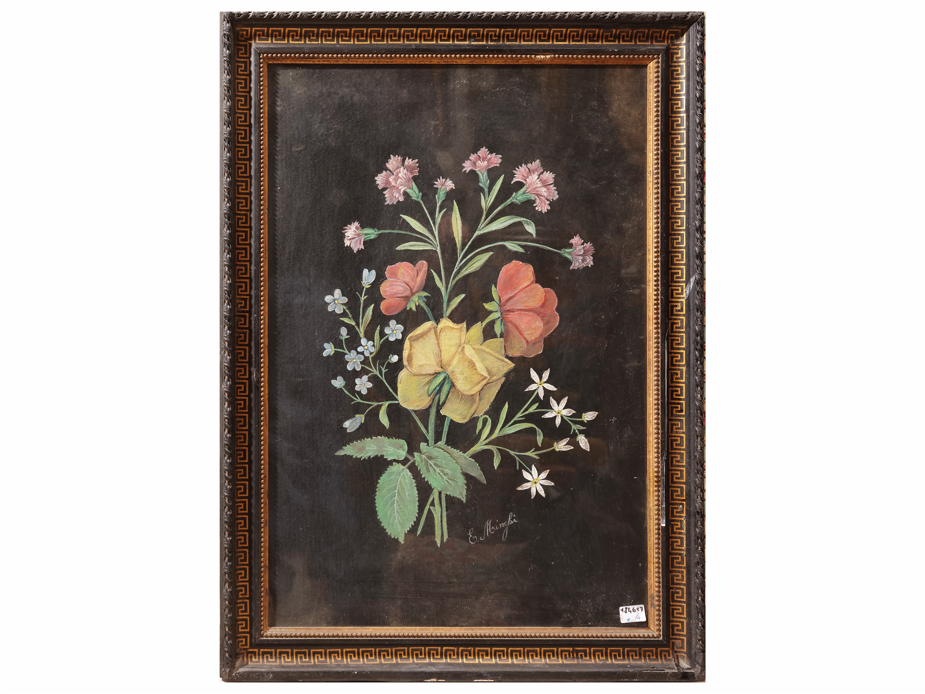 Raccolta di quattro dipinti e opere su supporti misti, Fiori e ciliegie con gatto
