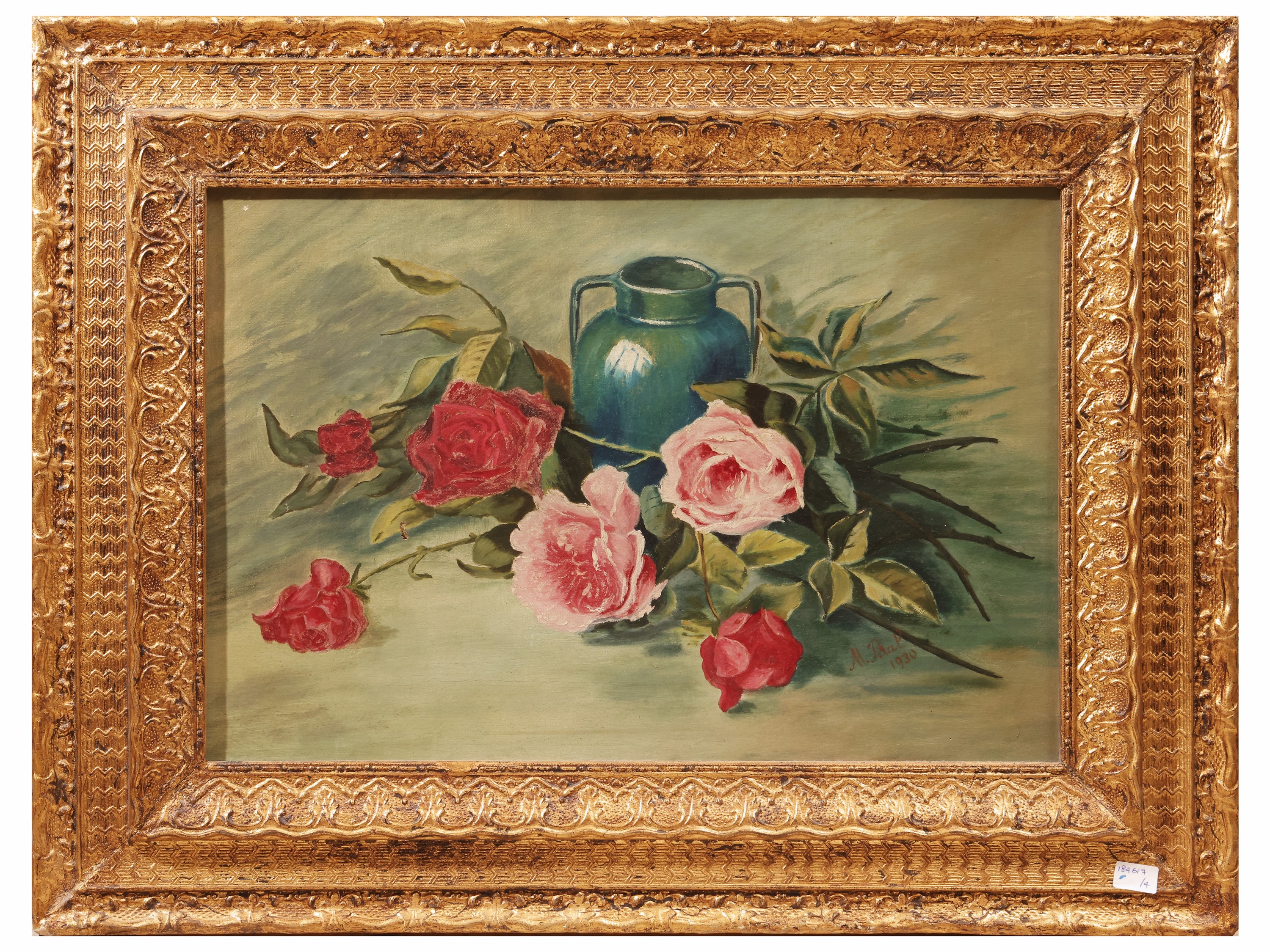 Raccolta di quattro dipinti e opere su supporti misti, Fiori e ciliegie con gatto