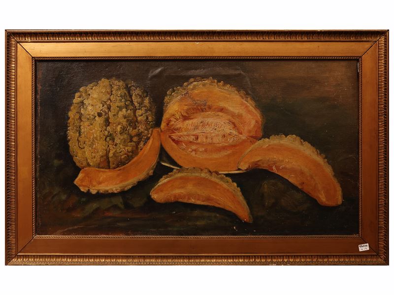 Natura morta con zucca, rose e vaso di fiori, frutta, dipinti a olio su tela e tavoletta, XX seco...