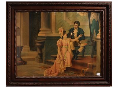 Cromolitografie, Interni con personaggi e Ritratto di dama (tre opere), in cornice