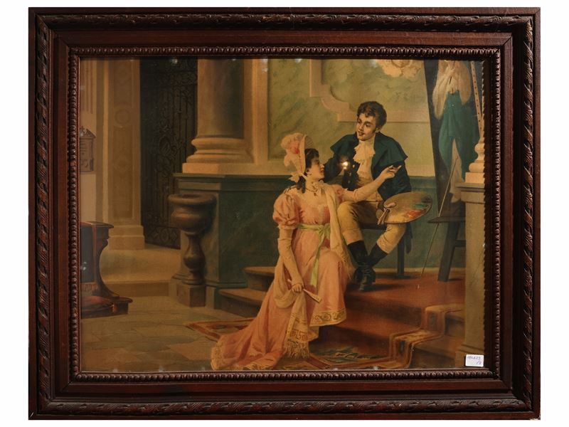 Cromolitografie, Interni con personaggi e Ritratto di dama (tre opere), in cornice