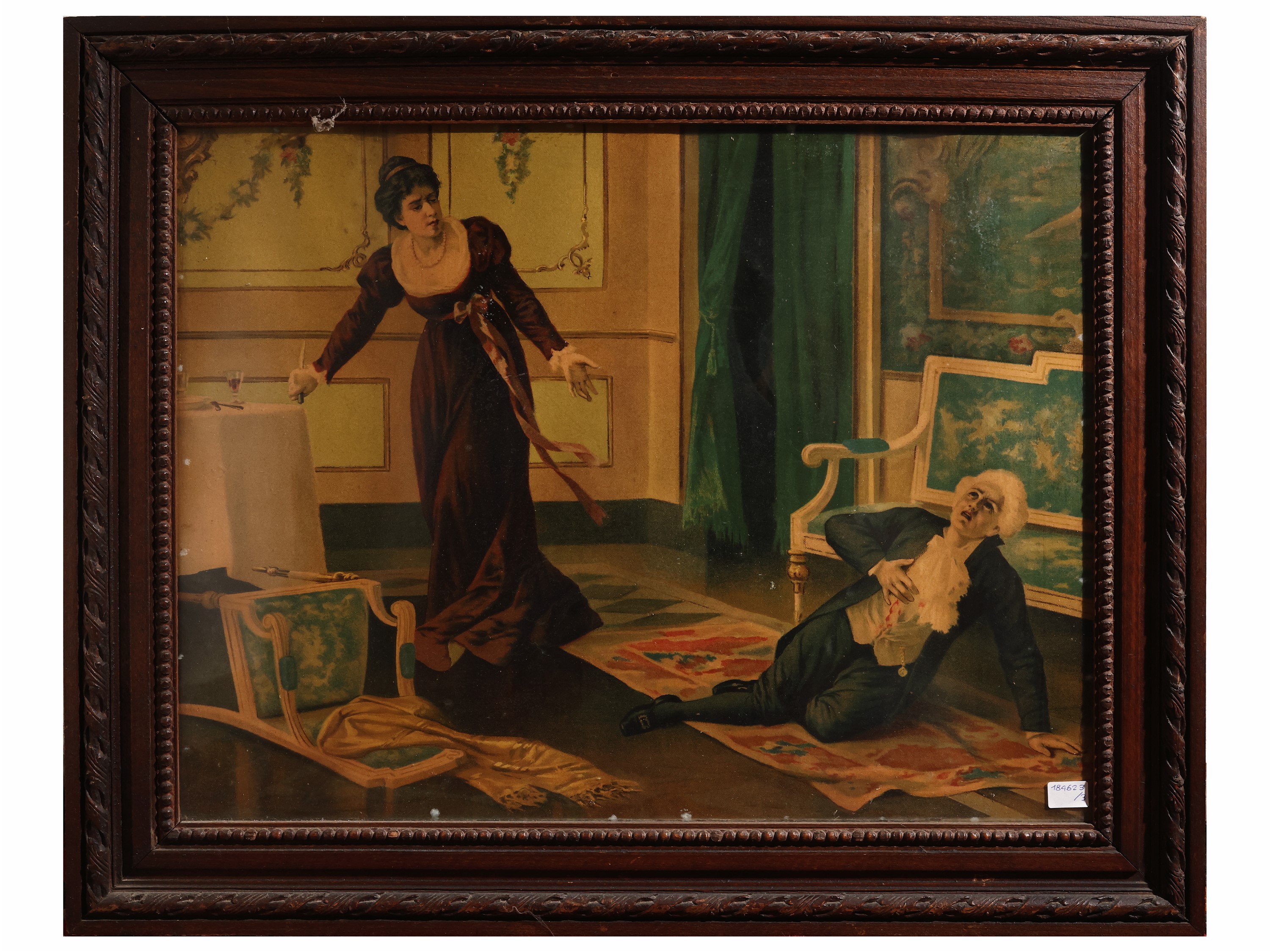 Cromolitografie, Interni con personaggi e Ritratto di dama (tre opere), in cornice