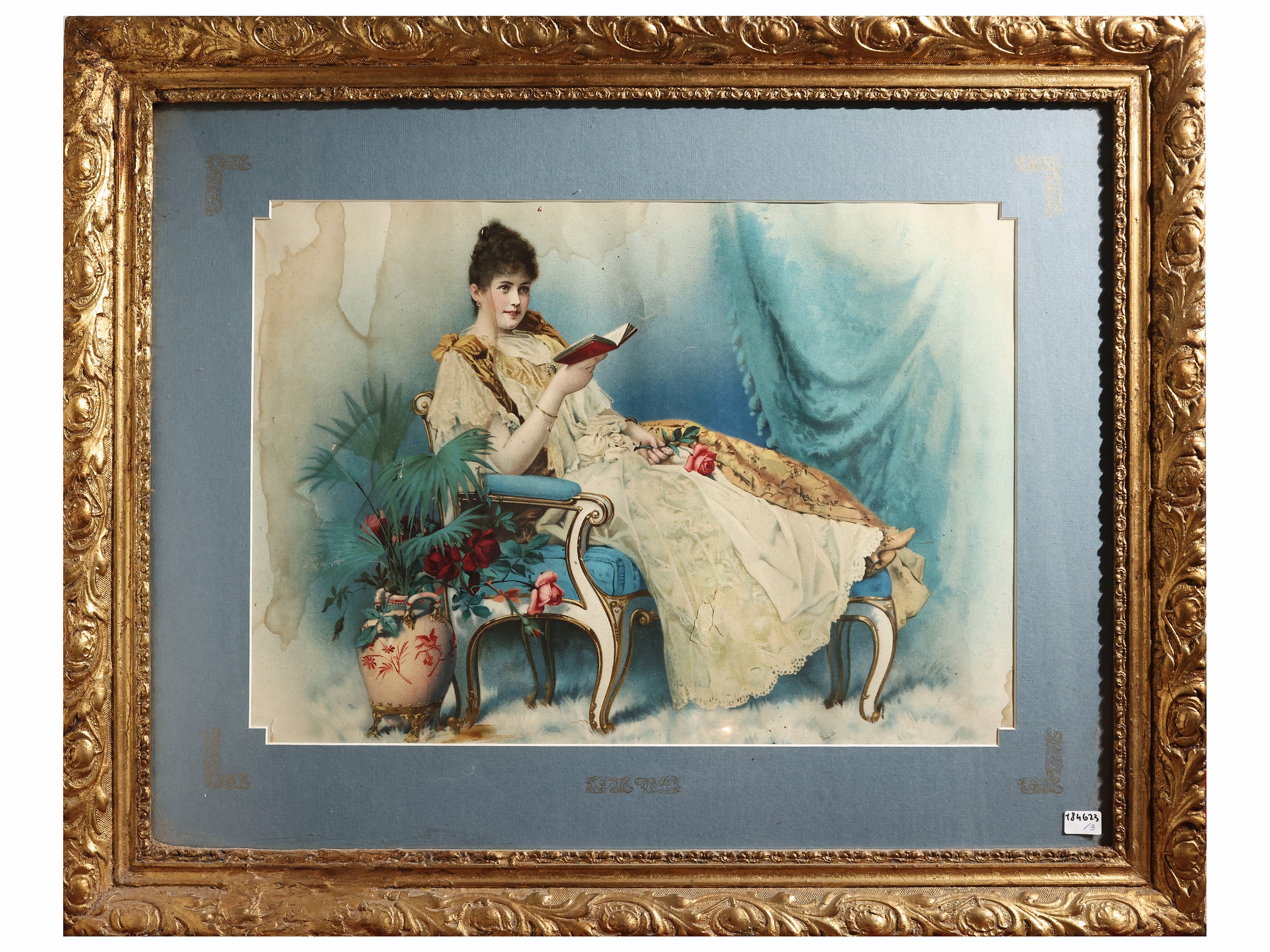 Cromolitografie, Interni con personaggi e Ritratto di dama (tre opere), in cornice