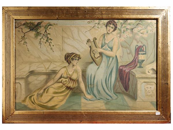 Interiors with figures, View of a terrace with characters and Biblical scene