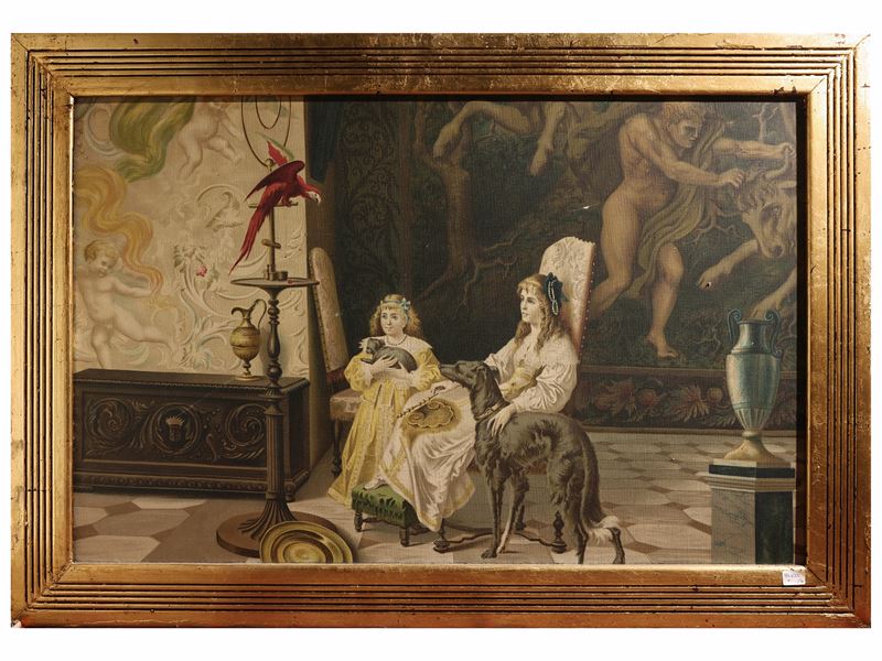 Quattro cromolitografie su tela, Interni con figure; Scorcio di terrazza con personaggi; Scena bi...