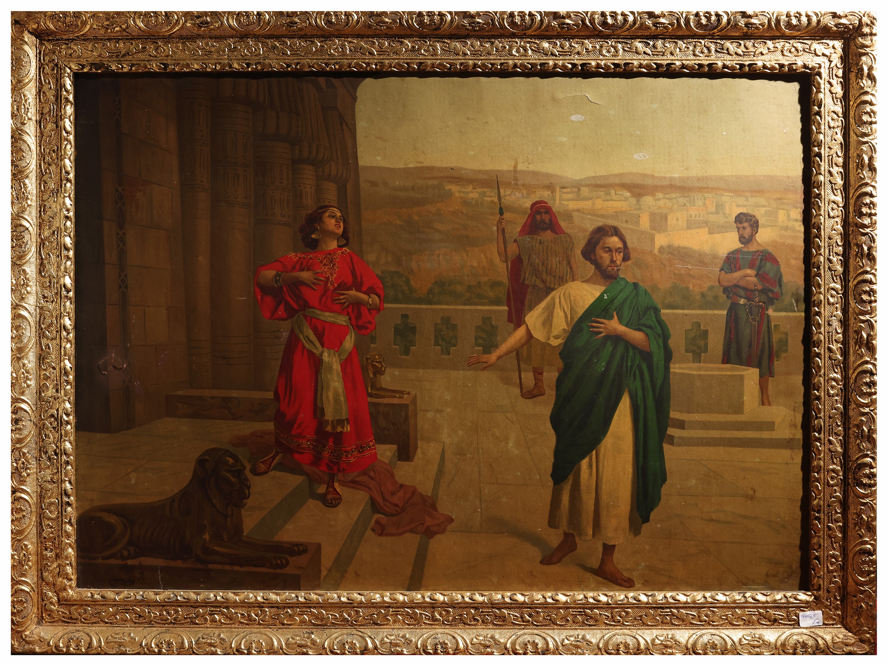 Quattro cromolitografie su tela, Interni con figure; Scorcio di terrazza con personaggi; Scena bi...