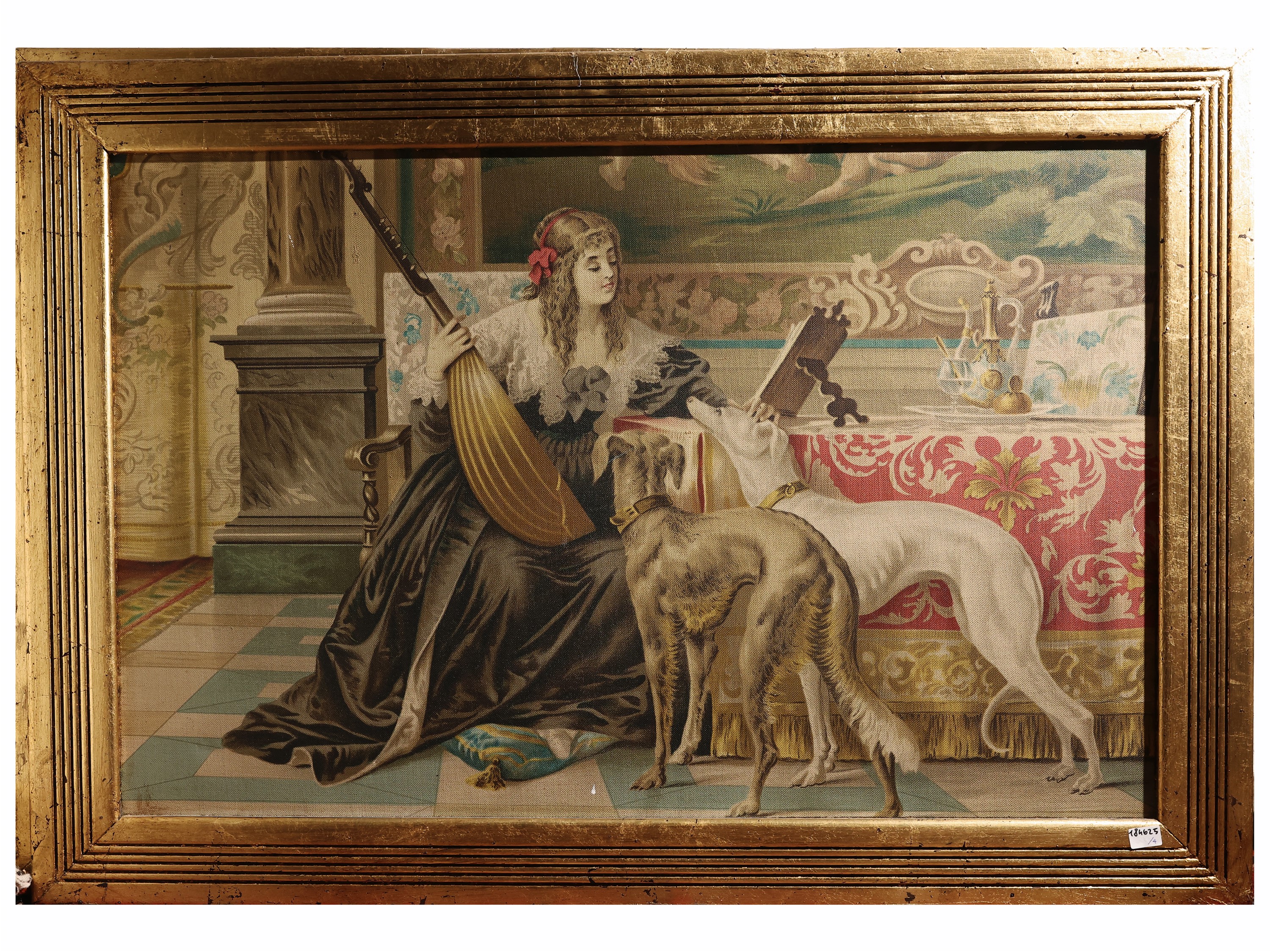 Quattro cromolitografie su tela, Interni con figure; Scorcio di terrazza con personaggi; Scena bi...