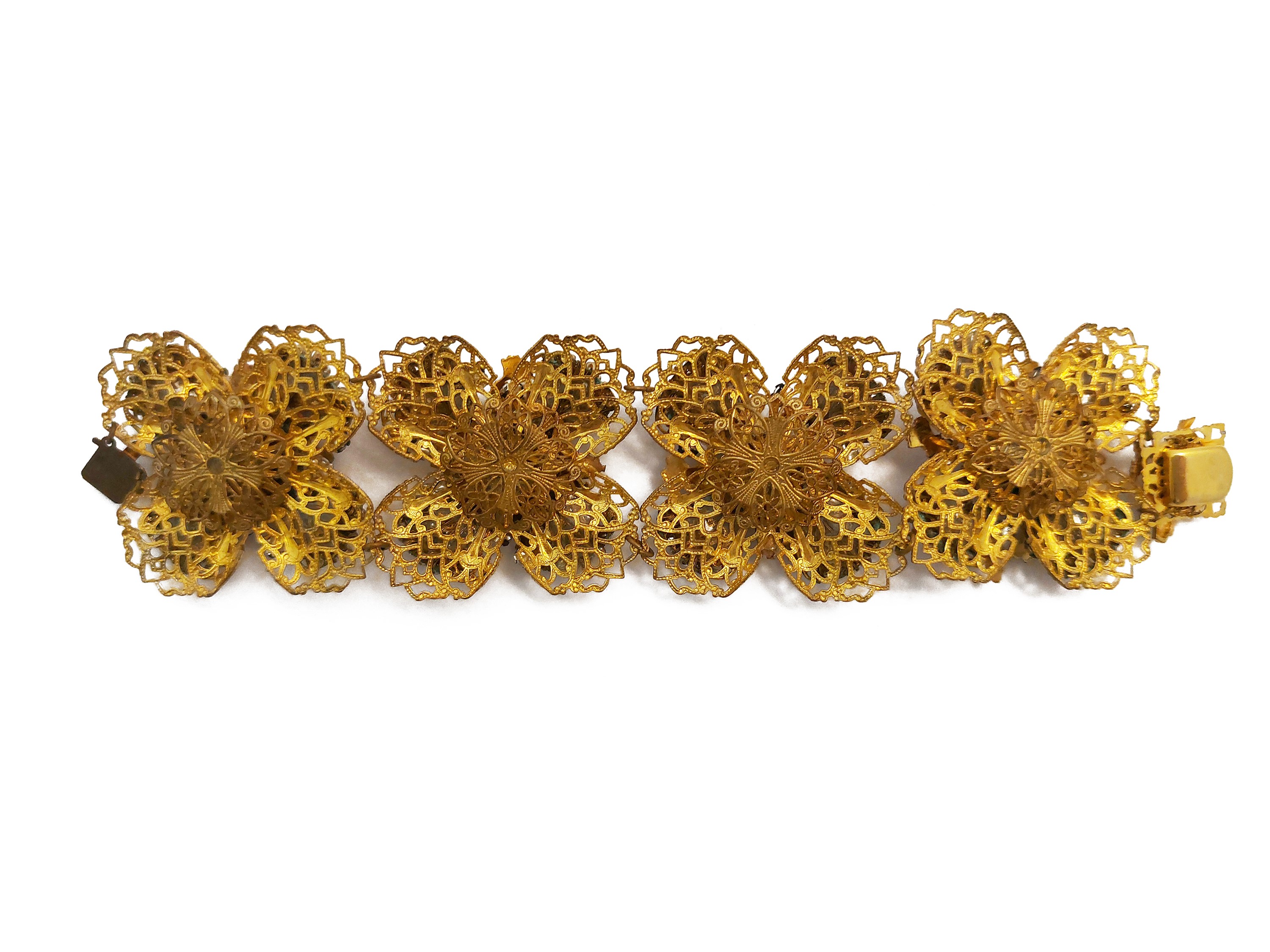 Miriam Haskell, Bracciale semirigido floreale in metallo dorato con microperle e strass