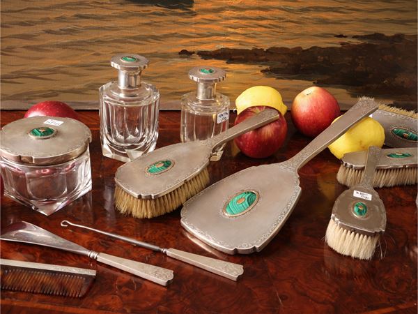 Glass and silver toilet set
